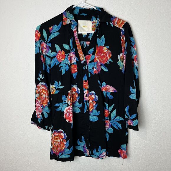 Maeve Shirt Womens 6 Black Floral Button Front 3/4 Sleeve Rayon Anthropologie - Picture 1 of 6